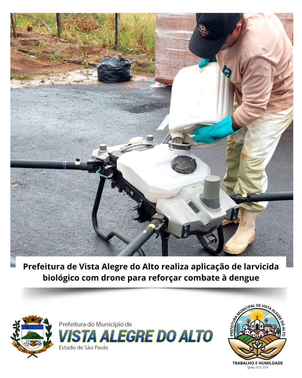 Prefeitura de Vista Alegre do Alto realiza aplicação de larvicida biológico com drone para reforçar combate à dengue.