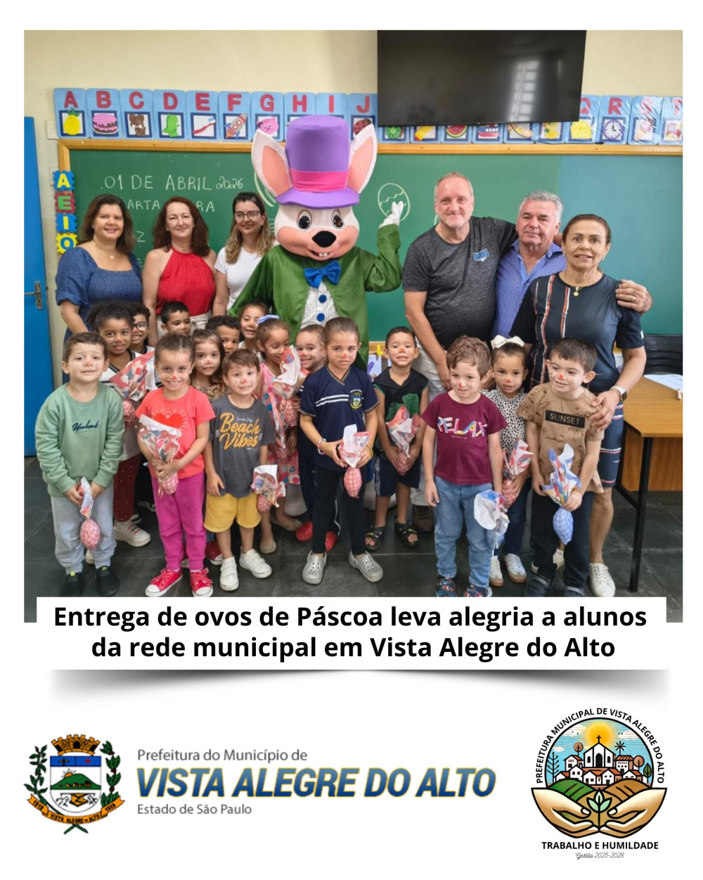 Entrega de ovos de Páscoa leva alegria a alunos da rede municipal em Vista Alegre do Alto.