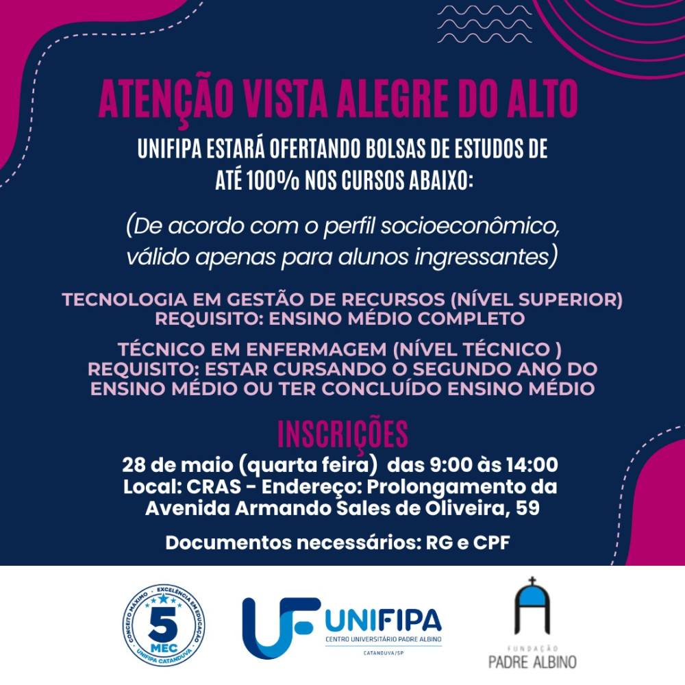 Unifipa oferece bolsas de estudo de até 100% para estudantes de Vista Alegre do Alto.