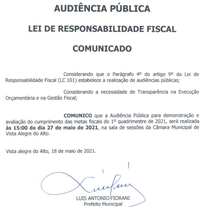 Audiência Pública - Demonstração e Avaliação Metas Fiscais 1º Quadrimestre 2021.