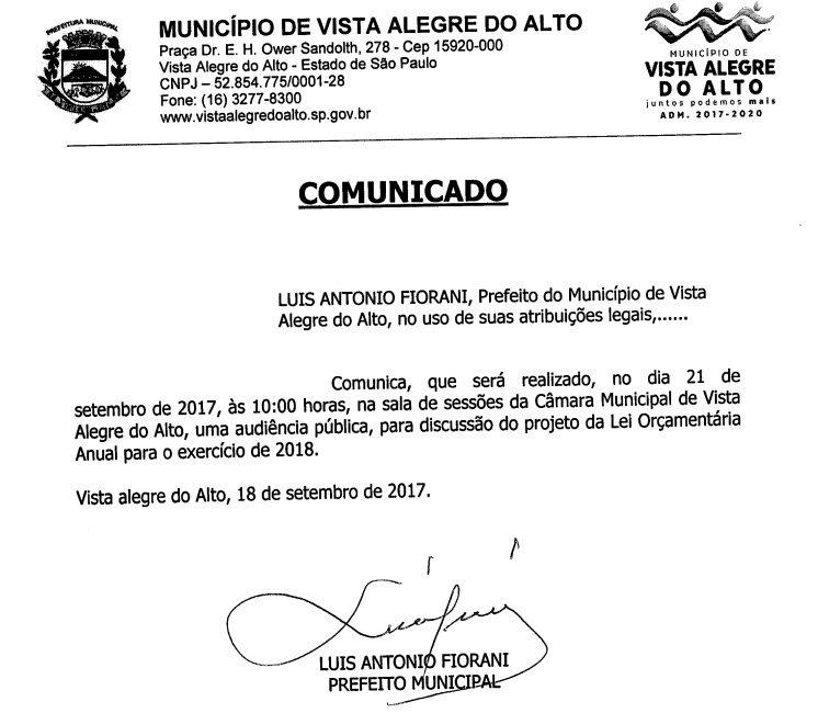 Comunicado Audiência Pública – LOA 2018.