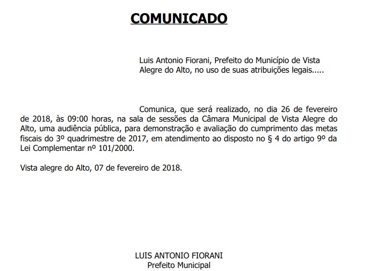 Comunicado - Audiência Pública.
