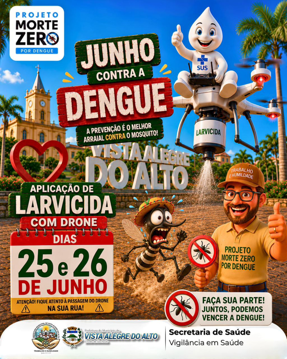 Projeto Morte Zero por Dengue avança com aplicação de larvicida por drone.