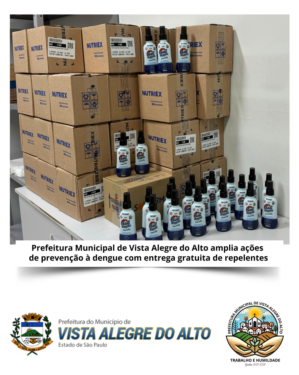 Prefeitura Municipal de Vista Alegre do Alto amplia ações de prevenção à dengue com entrega gratuita de repelentes.