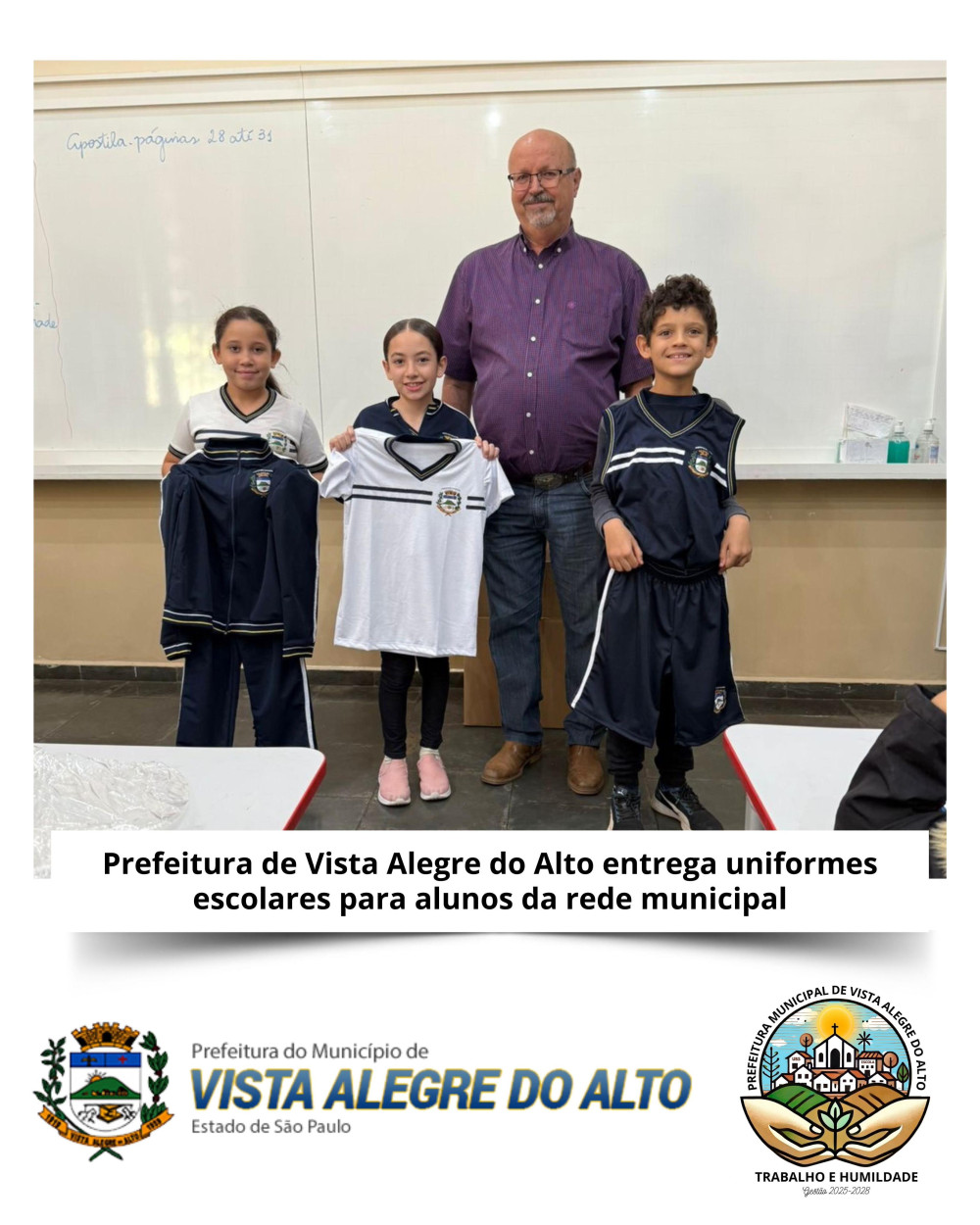 Prefeitura de Vista Alegre do Alto entrega uniformes escolares para alunos da rede municipal.