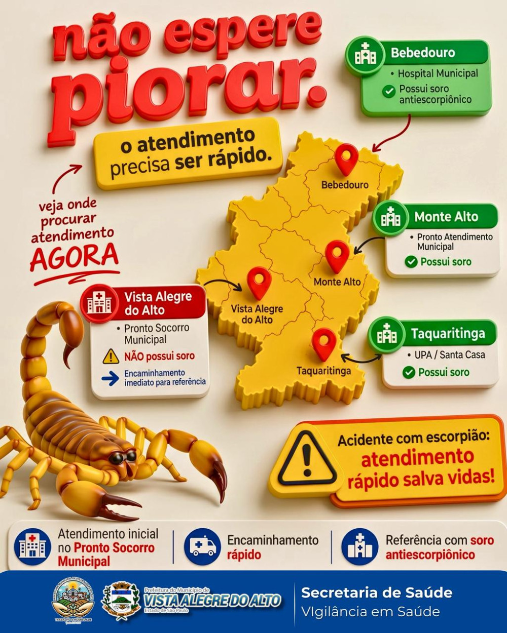 Saúde reforça importância de atendimento imediato em acidentes com escorpião.
