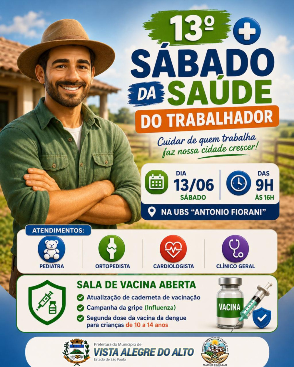 13º Sábado da Saúde do Trabalhador acontece em 13 de junho com atendimentos médicos e ações de vacinação.