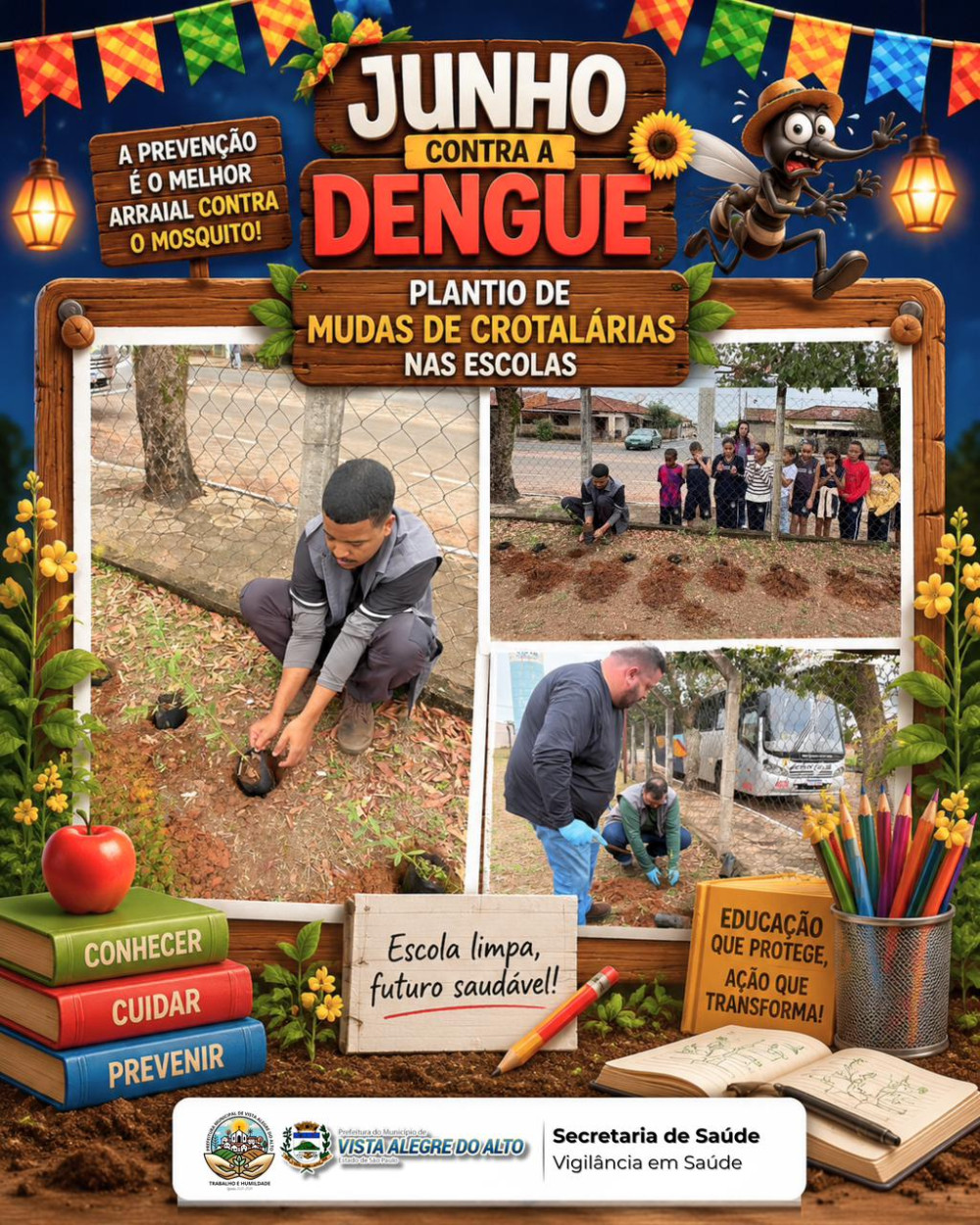 Escolas recebem plantio de crotalária em ação do Junho Contra a Dengue.