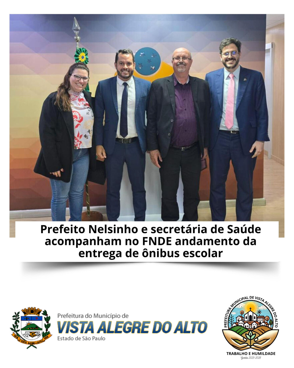 Prefeito Nelsinho e secretária de Saúde acompanham no FNDE andamento da entrega de ônibus escolar.
