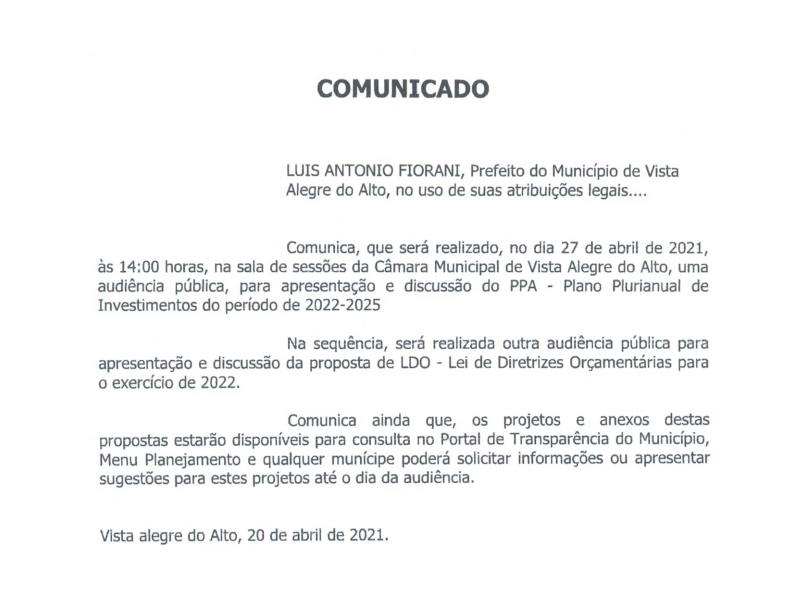 Comunicado Audiência Publica PPA 2022-2025 e LDO 2022.