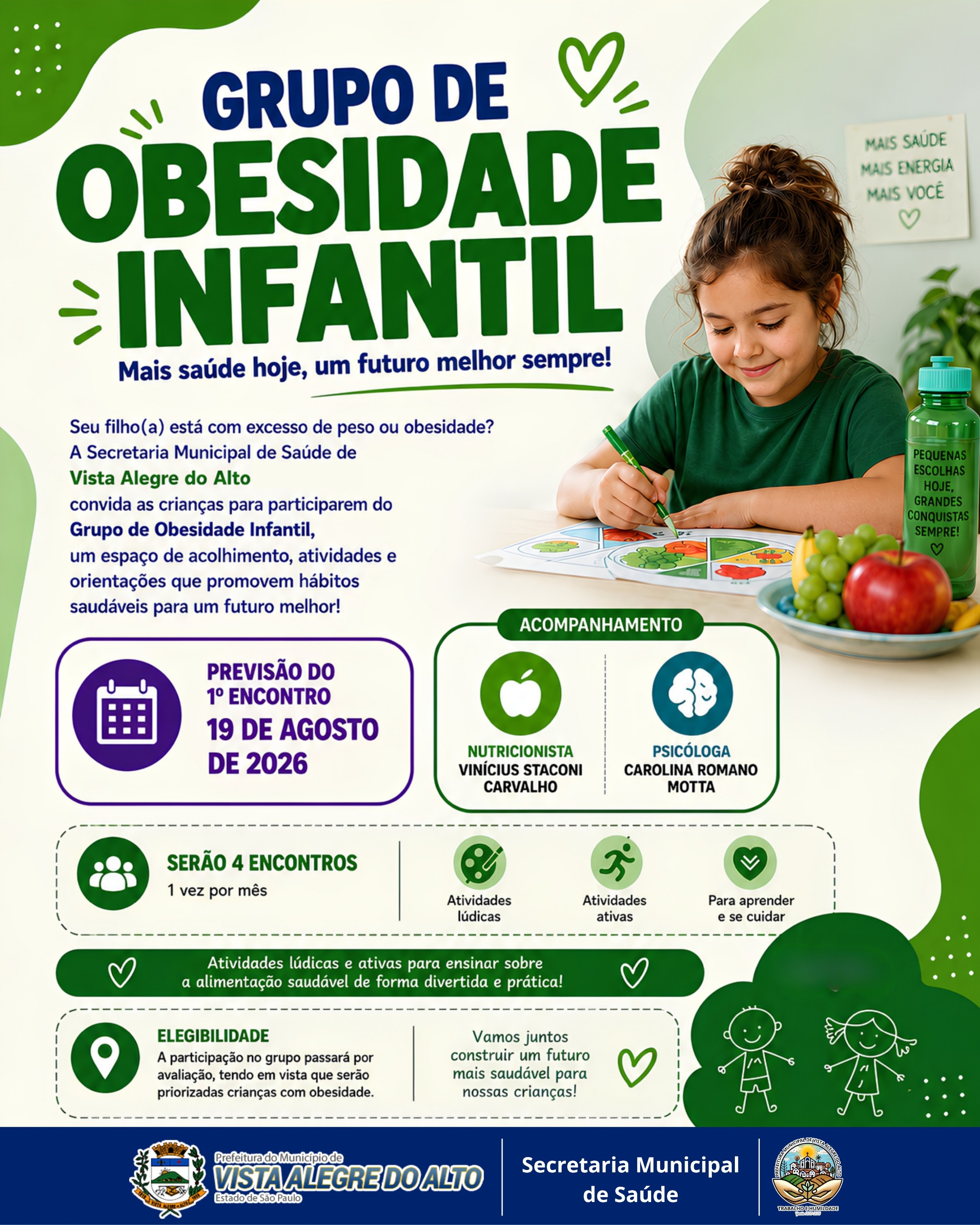 Secretaria de Saúde abre inscrições para Grupo de Obesidade Infantil em Vista Alegre do Alto.