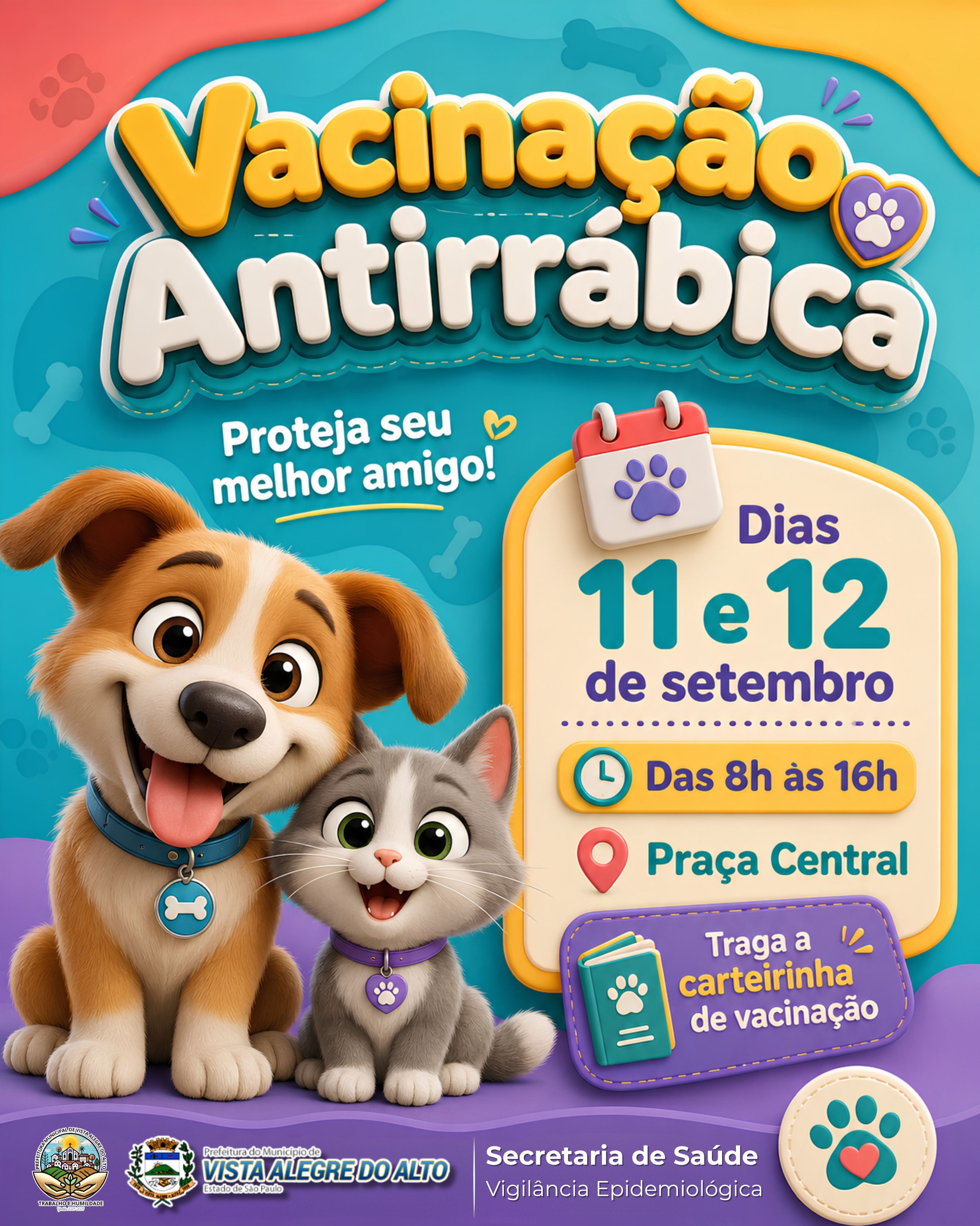 Vacinação antirrábica será realizada nos dias 11 e 12 de setembro.