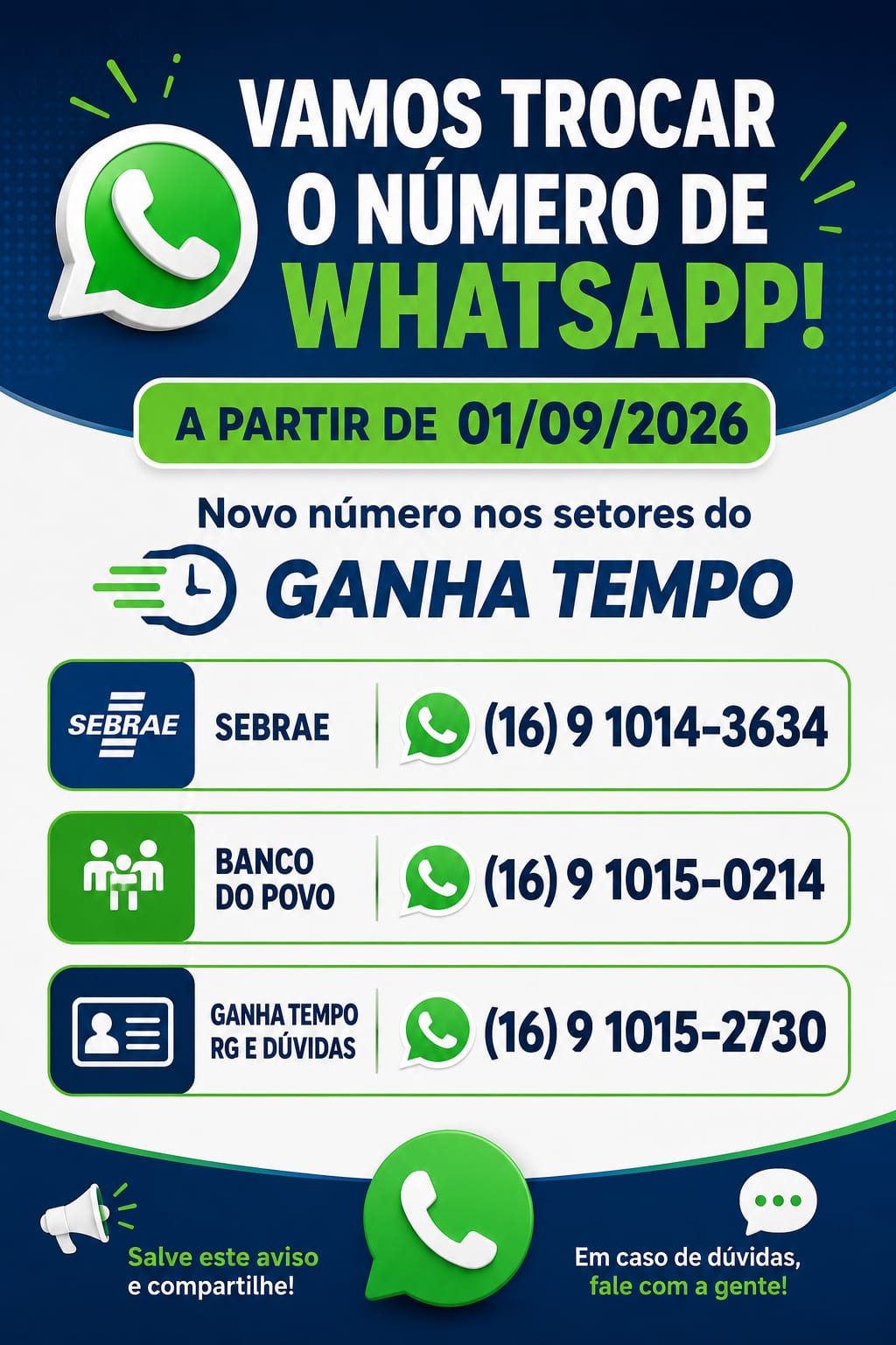 Sebrae e setores municipais terão novos números de WhatsApp a partir de 1º de setembro.