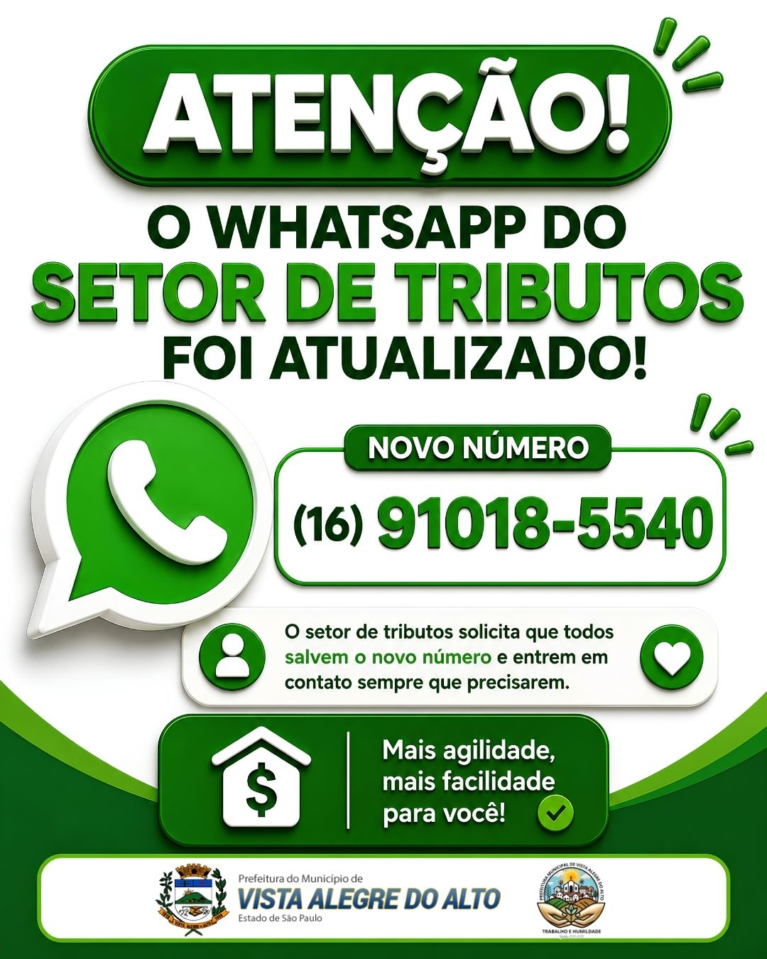 Setor de Tributos de Vista Alegre do Alto atualiza número de WhatsApp para atendimento à população.