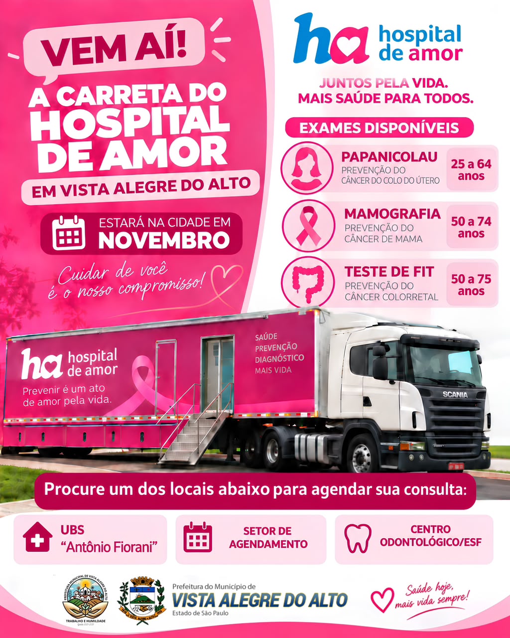Carreta do Hospital de Amor estará em Vista Alegre do Alto em novembro para realização de exames preventivos.