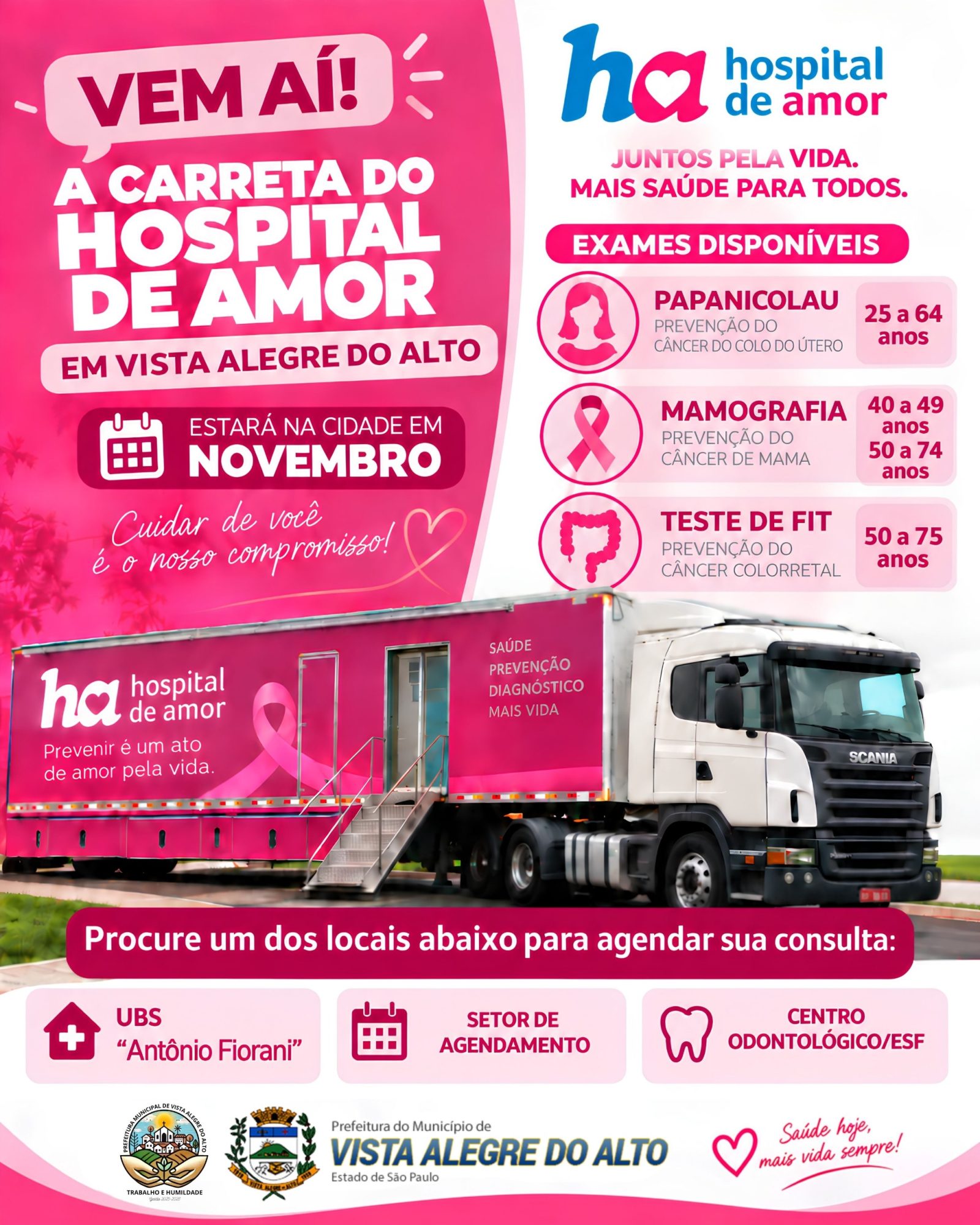 Carreta do Hospital de Amor estará em Vista Alegre do Alto em novembro para realização de exames preventivos.