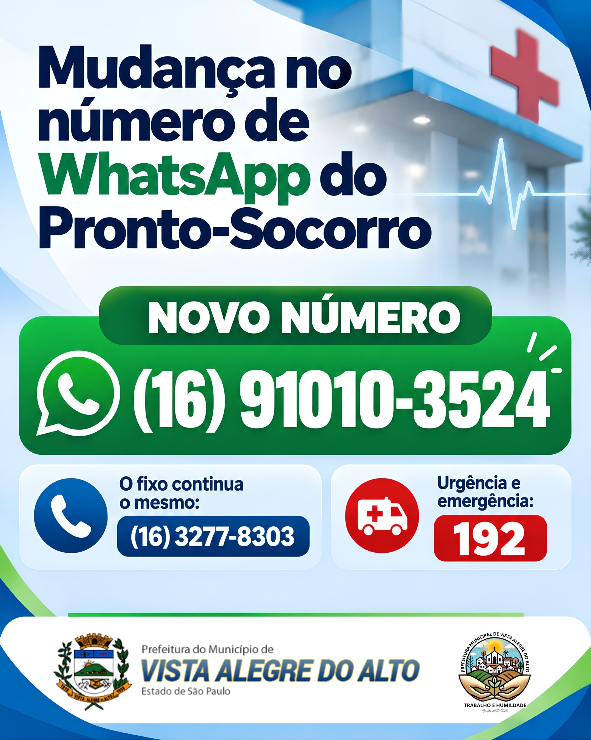 PRONTO-SOCORRO DE VISTA ALEGRE DO ALTO TEM NOVO NÚMERO DE WHATSAPP.