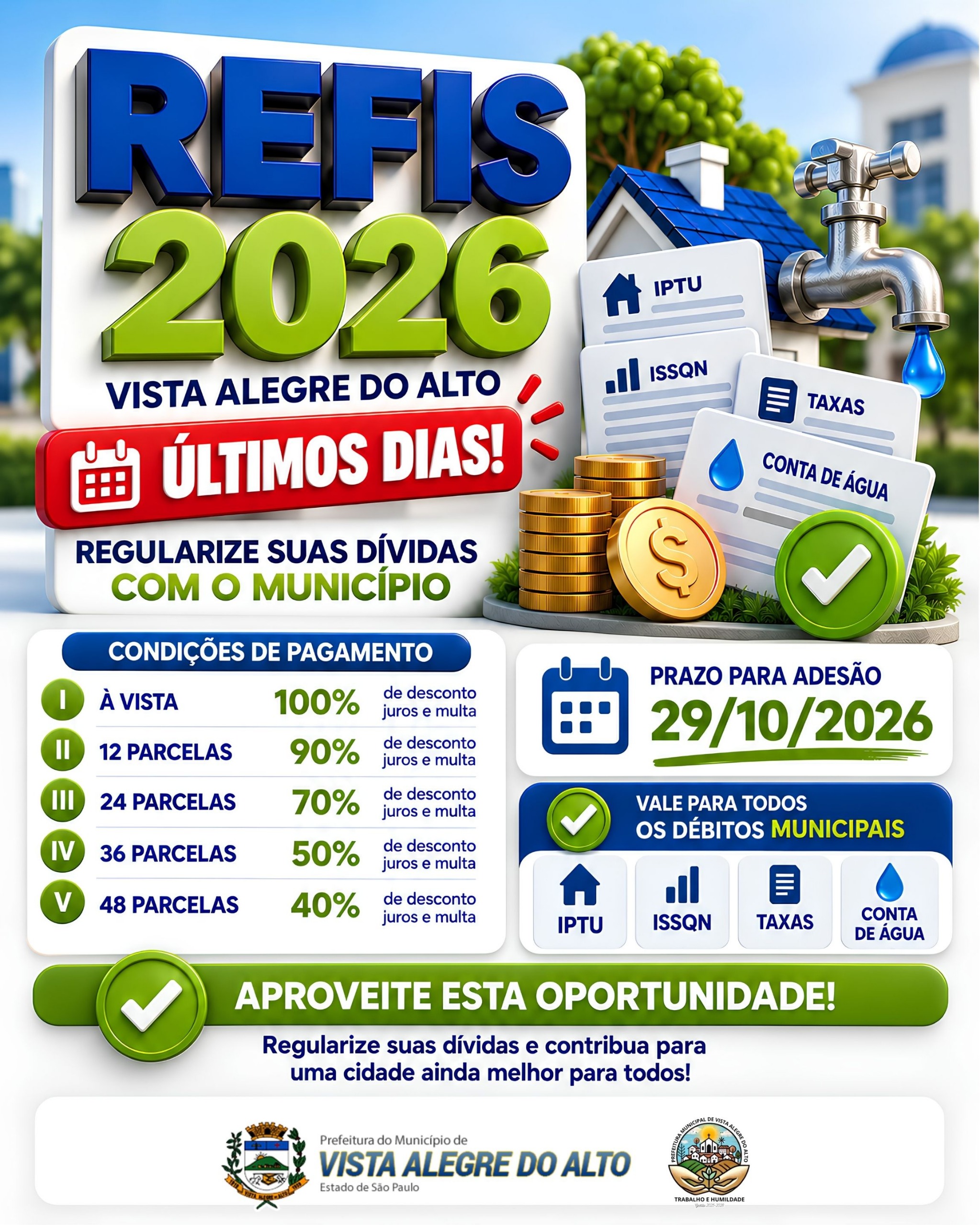 ÚLTIMOS DIAS: REFIS 2026 oferece descontos de até 100% para quitar dívidas em Vista Alegre do Alto