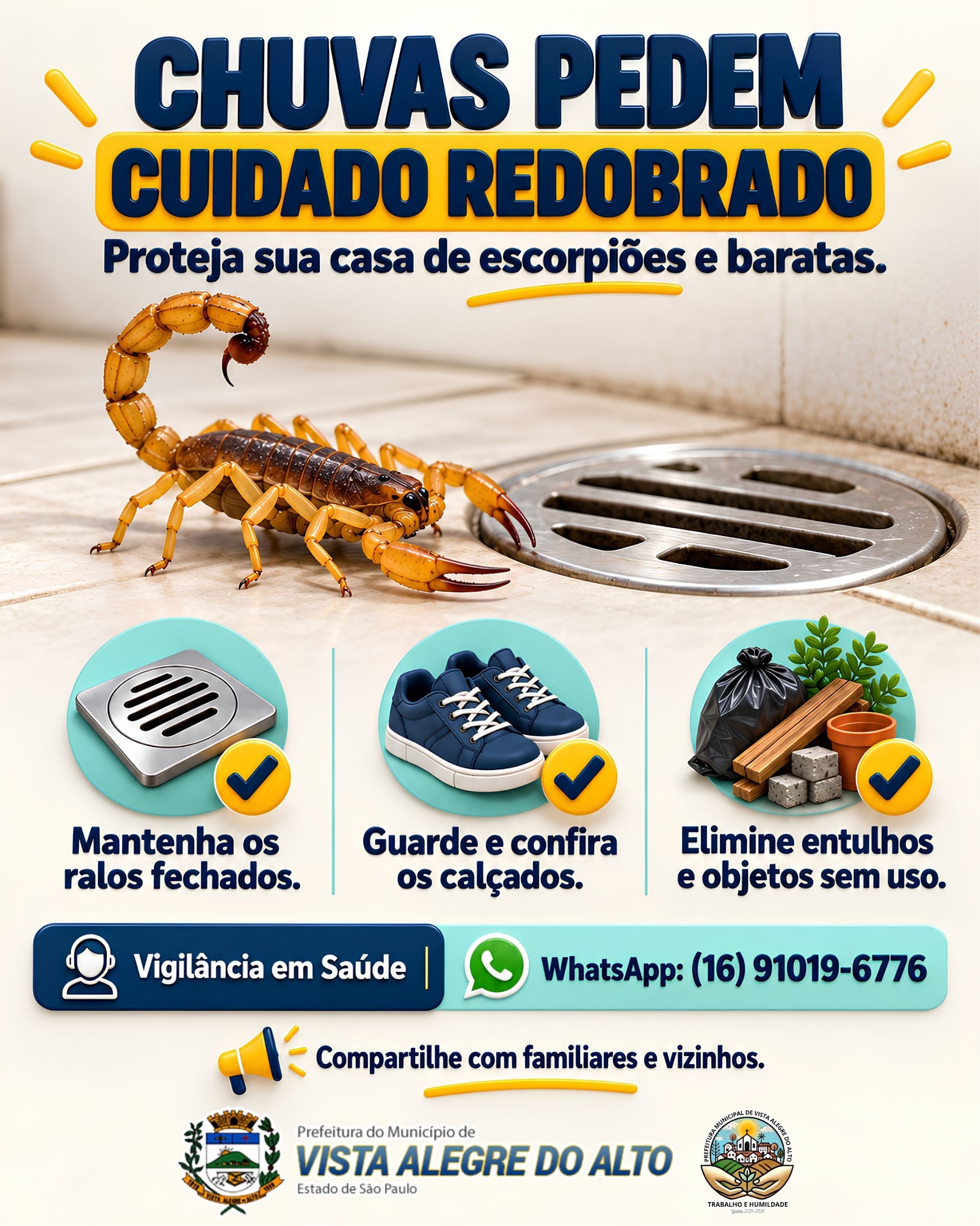 Vigilância em Saúde orienta população sobre cuidados para evitar escorpiões e baratas.